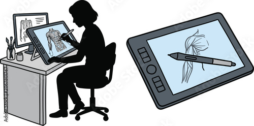 Woman Artist Drawing on Digital Tablet with Stylus at Workspace in Minimalist Flat Vector Style