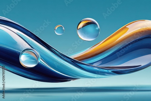 Abstract glass waves and floating droplets in blue and gold fluid composition, macro art image