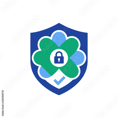 A blue shield icon features a green flower and a lock symbol