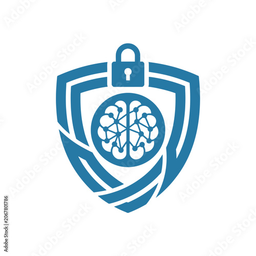 A blue shield icon featuring a brain and a padlock symbol