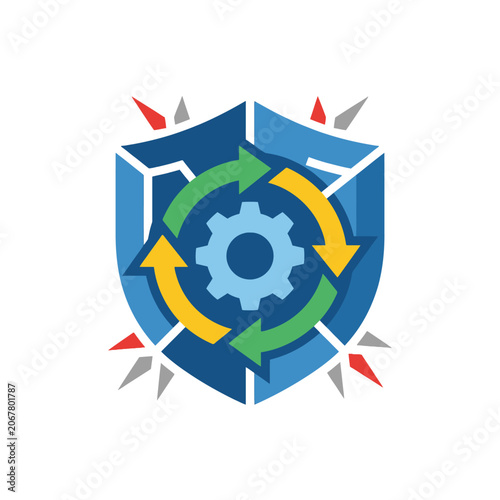 A blue shield icon features a central gear and circular arrows