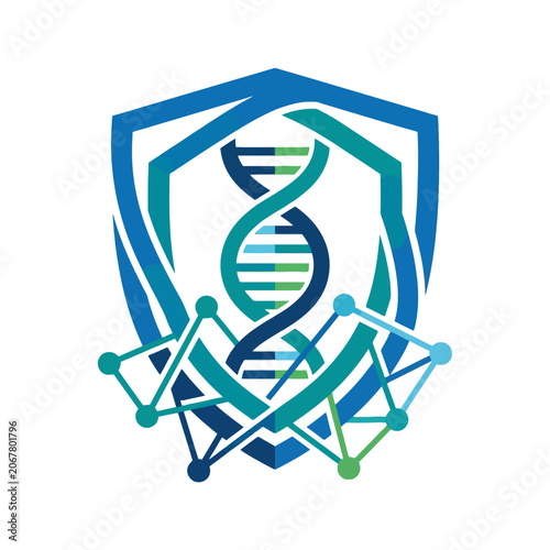 A blue shield icon featuring a central double helix structure