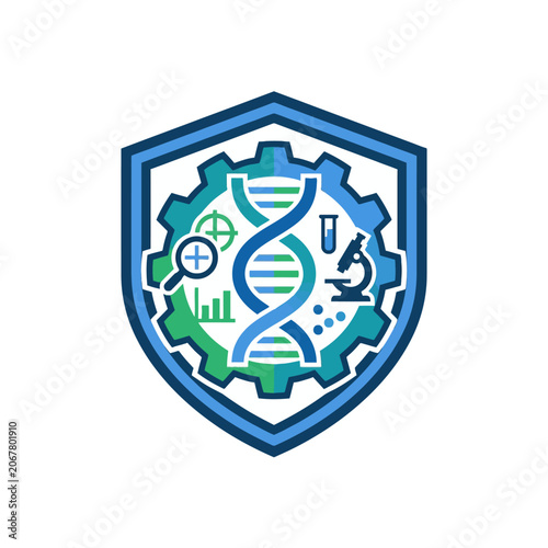 A blue shield icon featuring a gear and dna strand symbol