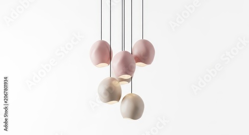 Pink and white pendant lamp with multiple round bulbs
