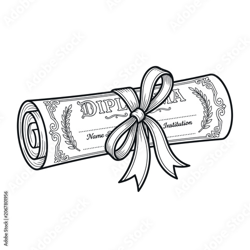 A classic black and white line art illustration of a rolled diploma