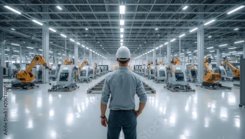 Advanced industrial automation facility featuring manufacturing engineer monitoring intelligent robotic assembly line symbolizing smart manufacturing industry 4.0 engineering innovation AI factory