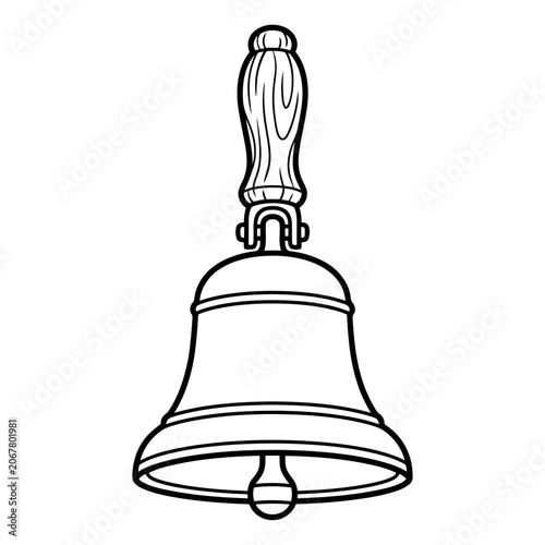 A detailed black and white line art illustration of a hand bell