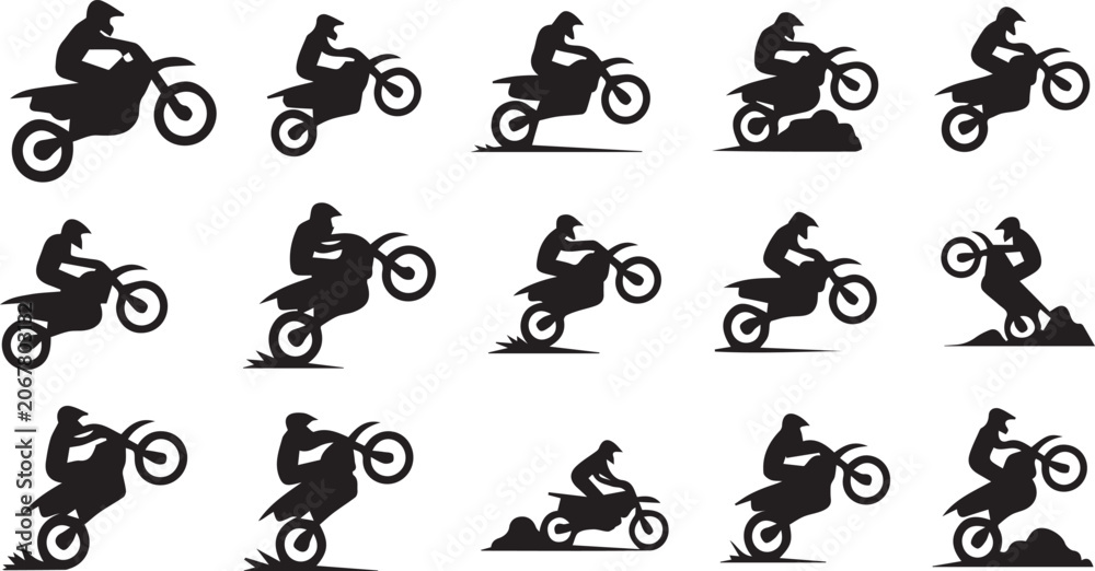 Obraz premium Motocross Dirt Bike Rider Silhouette Icon Set Freestyle Stunts Vector
