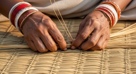 Skilled hands weave natural fibers creating intricate patterns with traditional craftsmanship