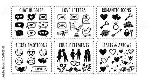 Foto Collection Of Romantic Icons And Emoticons Black Vector Illustration