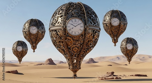 Surreal steampunk clockwork airships floating over a desert landscape