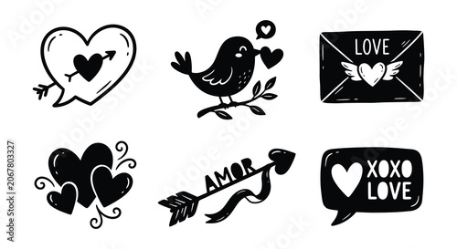 Quadro su tela Collection Of Romantic Icons And Emoticons Black Vector Illustration