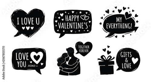 Bild auf Leinwand Collection Of Romantic Icons And Emoticons Black Vector Illustration