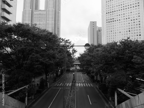 Fotografie 超高層ビル群の間をまっすぐ突き抜ける西新宿の夕方の車道