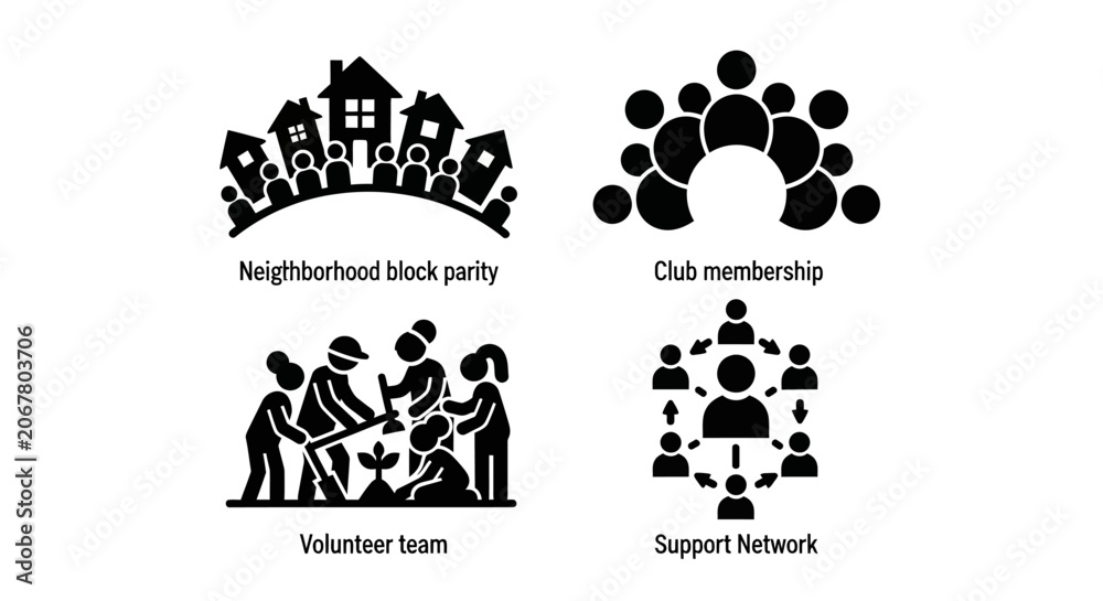 Fototapeta premium Community Engagement Icons: Neighborhood, Club, Volunteer, Support Network, Social Connection, Teamwork, Group, Charity