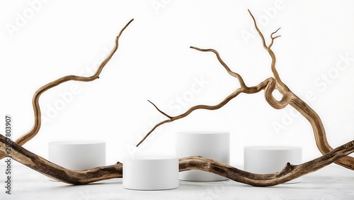 Driftwood and white cylinders on a plain surface