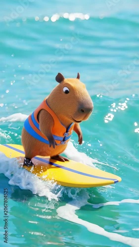 Cute capybara surfing on a yellow surfboard wearing an orange life jacket in turquoise ocean waves playful animated character