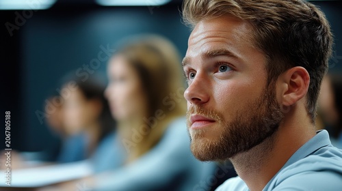 Young man in a classroom environment actively participating in a lecture and fully concentrating on the learning experience