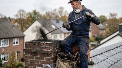A man cleans a chimney using a long brush, removing soot and built-up debris. The scene emphasizes chimney sweeping as essential fireplace maintenance to reduce fire hazards.