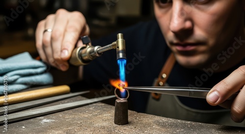 Goldsmith working on a ring with a torch in his workshop with concentration