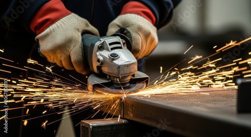 Skilled tradesperson grinding metal creating a brilliant shower of sparks with an angle grinder