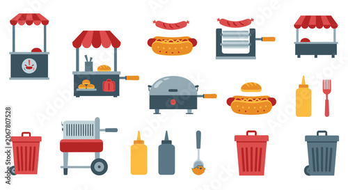 Hot Dog Stand Elements: Cart, Grill, and Trash Bin - Flat Vector Icons