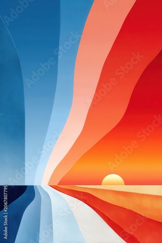 Abstract vertical gradient landscape with sunrise horizon in warm orange and cool blue tones