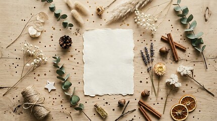 Rustic Flat Lay Composition with Blank Torn Paper Surrounded by Dried Flowers, Cinnamon Sticks, and Eucalyptus on Wooden Background