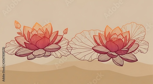 Two elegant lotus flowers with linear details on a soft beige background