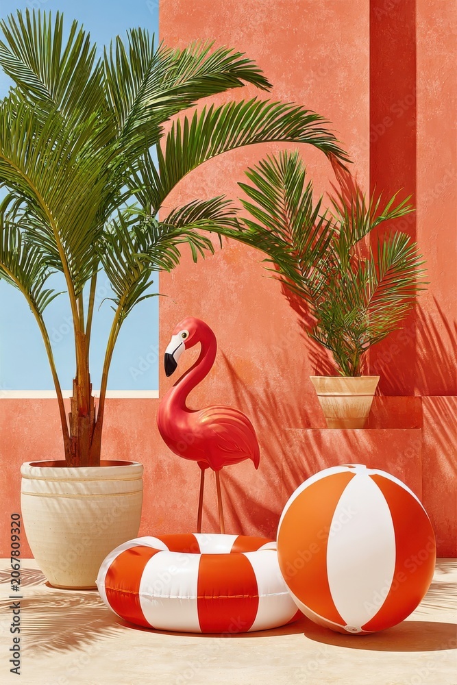 Fototapeta premium Summer still life with pink flamingo, palm plants, inflatable ring and beach ball against coral wall