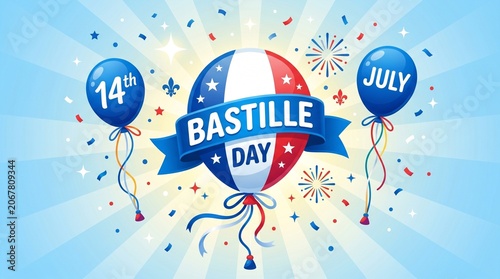 Bastille Day France National Day Vector Illustration with French Flag Balloons Fireworks and Confetti on Blue Sunburst Background for 14th July Celebration