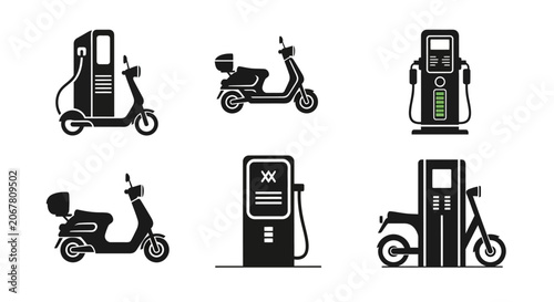 Modern Electric Scooter Icon: Eco-Friendly Urban Transportation and Charging Station Symbol