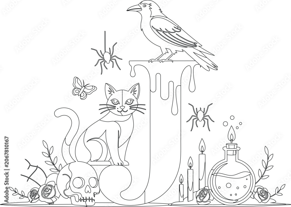 Obraz premium Enchanting letter J with raven, black cat, and spooky Halloween elements