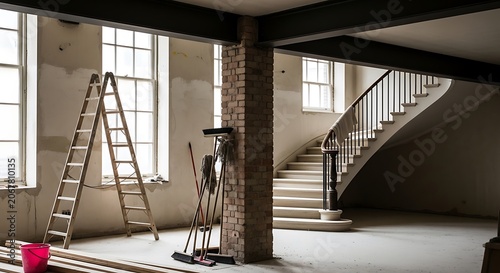 Unfinished apartment interior with wooden ladder and staircase during renovation