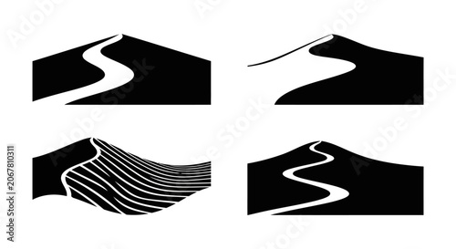 Monochromatic Silhouette of Desert Sand Dunes with Winding Path - Vector Icon
