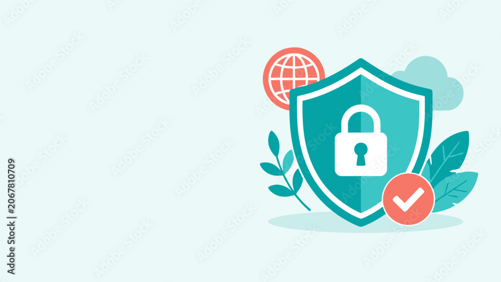 Obraz premium Shield with padlock and globe in flat security illustration