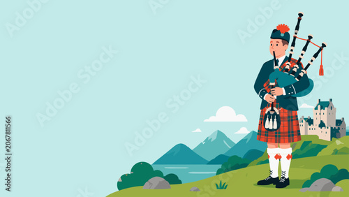 Obraz na płótnie Bagpiper in traditional Scottish dress by mountain castle