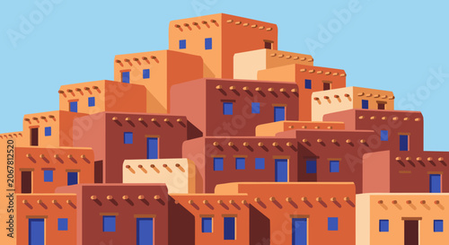Obraz na płótnie Flat vector illustration of a traditional native American adobe pueblo village w