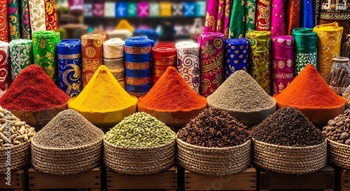Vibrant piles of exotic spices and colorful fabric rolls at a street market