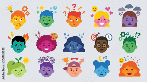 Quadro su tela Collection of diverse cartoon faces and emojis.