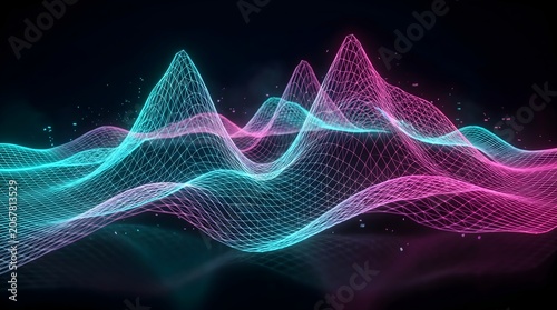 Abstract Digital Waveform Grid with Neon Pink and Blue Glow Background