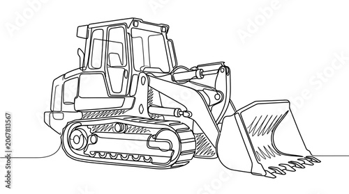 A continuous line drawing of a heavy construction track loader vehicle.