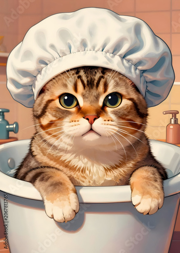 Funny kitten in a bathing cap taking a bath