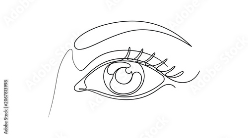 Minimalist continuous line drawing of a human eye with eyebrow and eyelashes.