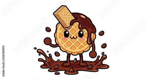 Cute Kawaii Waffle Character with Chocolate Syrup and Wafer Stick Illu
