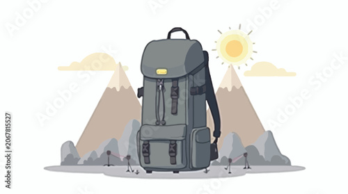 Hiking Backpack Vector Illustration with Mountain Landscape and Sun Background