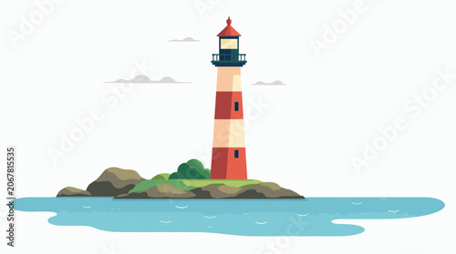 Coastal Lighthouse Vector Illustration on Rocky Island with Sea Horizon