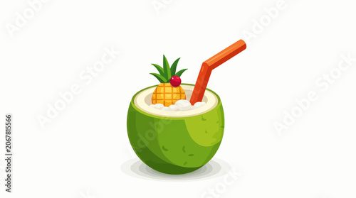 Fresh Green Coconut Cocktail with Orange Straw and Pineapple Garnish