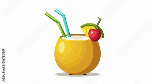 Yellow Tropical Fruit Cocktail Drink with Straws and Cherry Garnish
