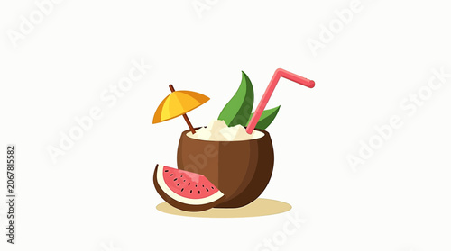 Tropical Coconut Cocktail Drink with Straw Umbrella and Watermelon Slice